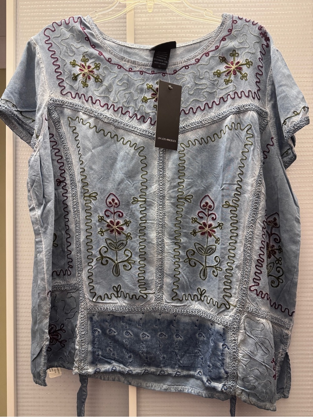 Light Blue Embroidered Peasant Top with Floral Motif